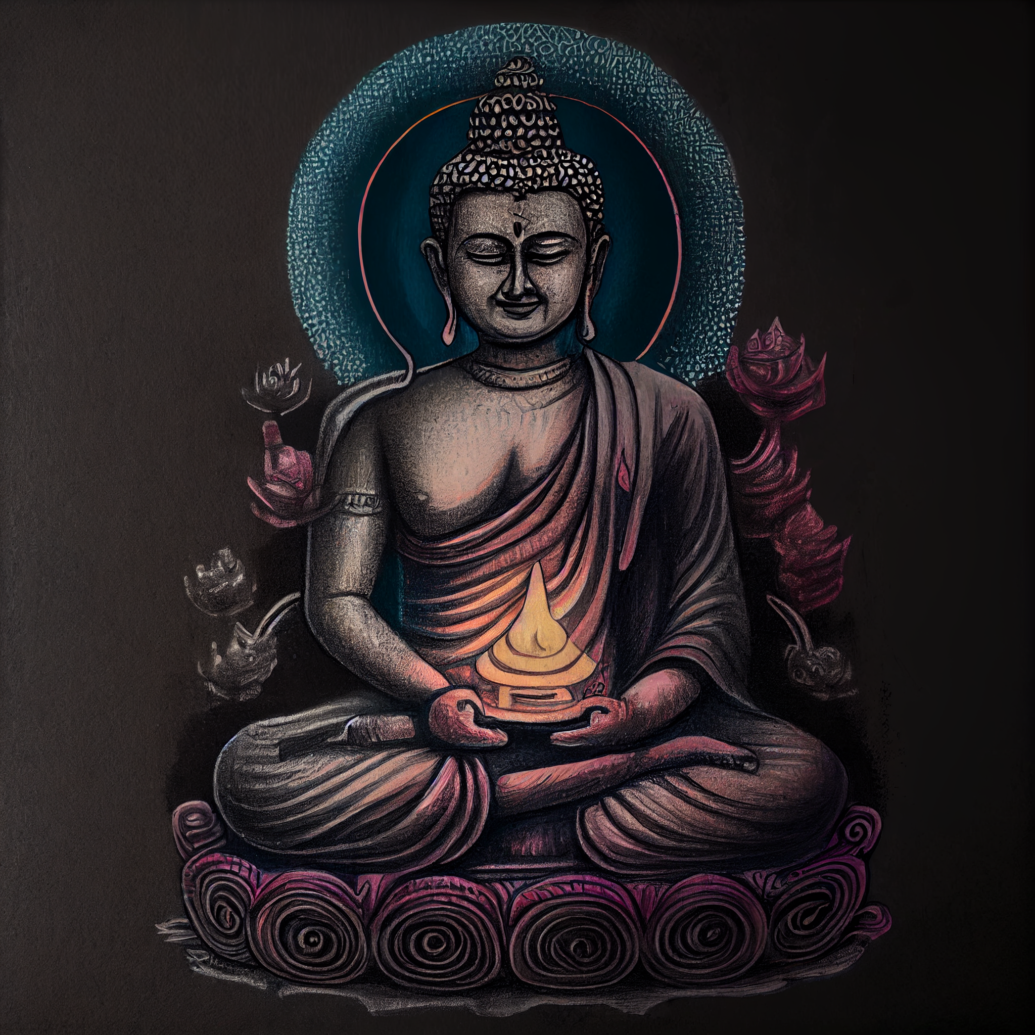 Divine Serenity: A Colored Pencil Sketch Print of Lord Buddha with Om on Grey Background
