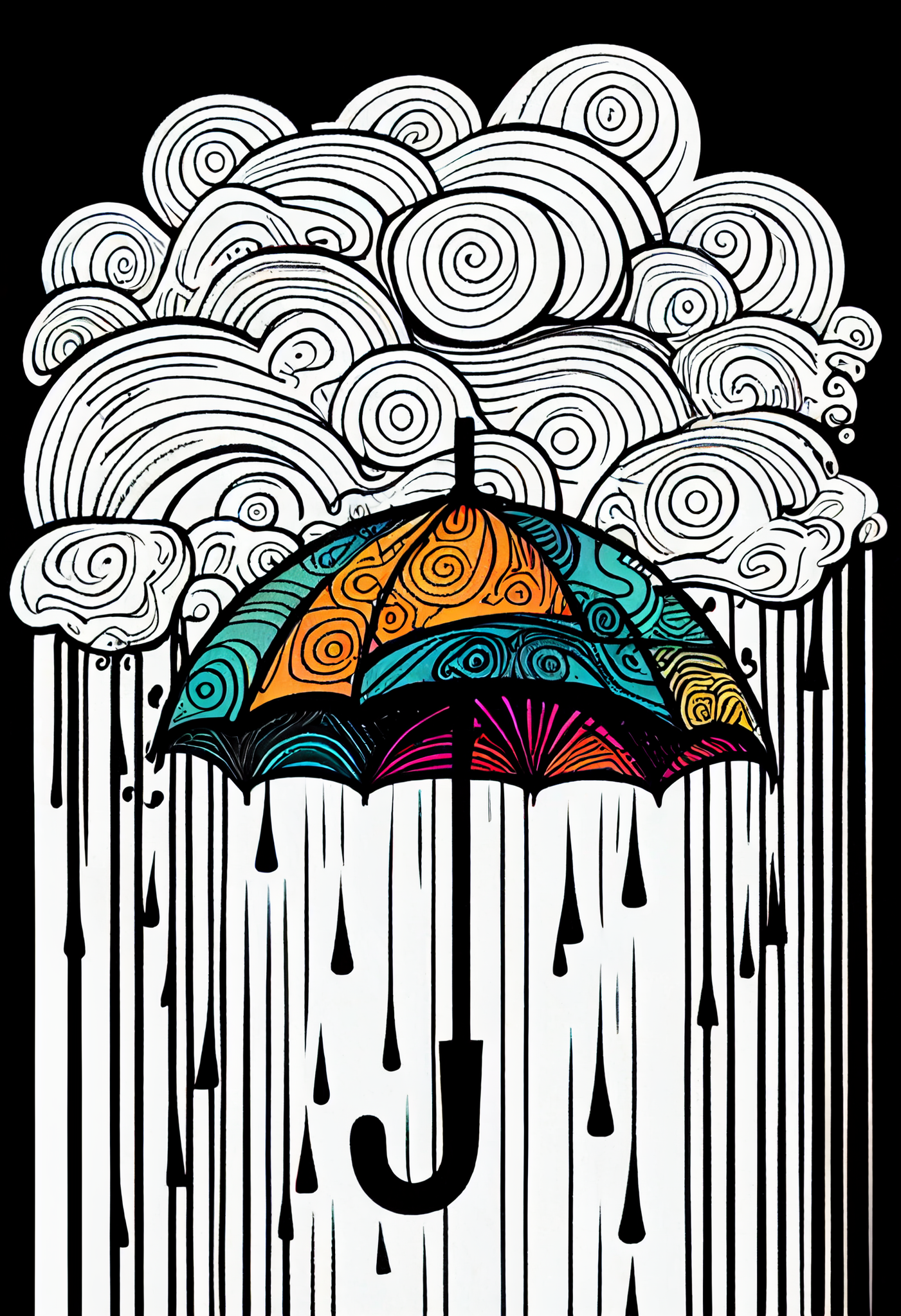 Whimsical Doodle Art Print of an Umbrella with Colorful Clouds