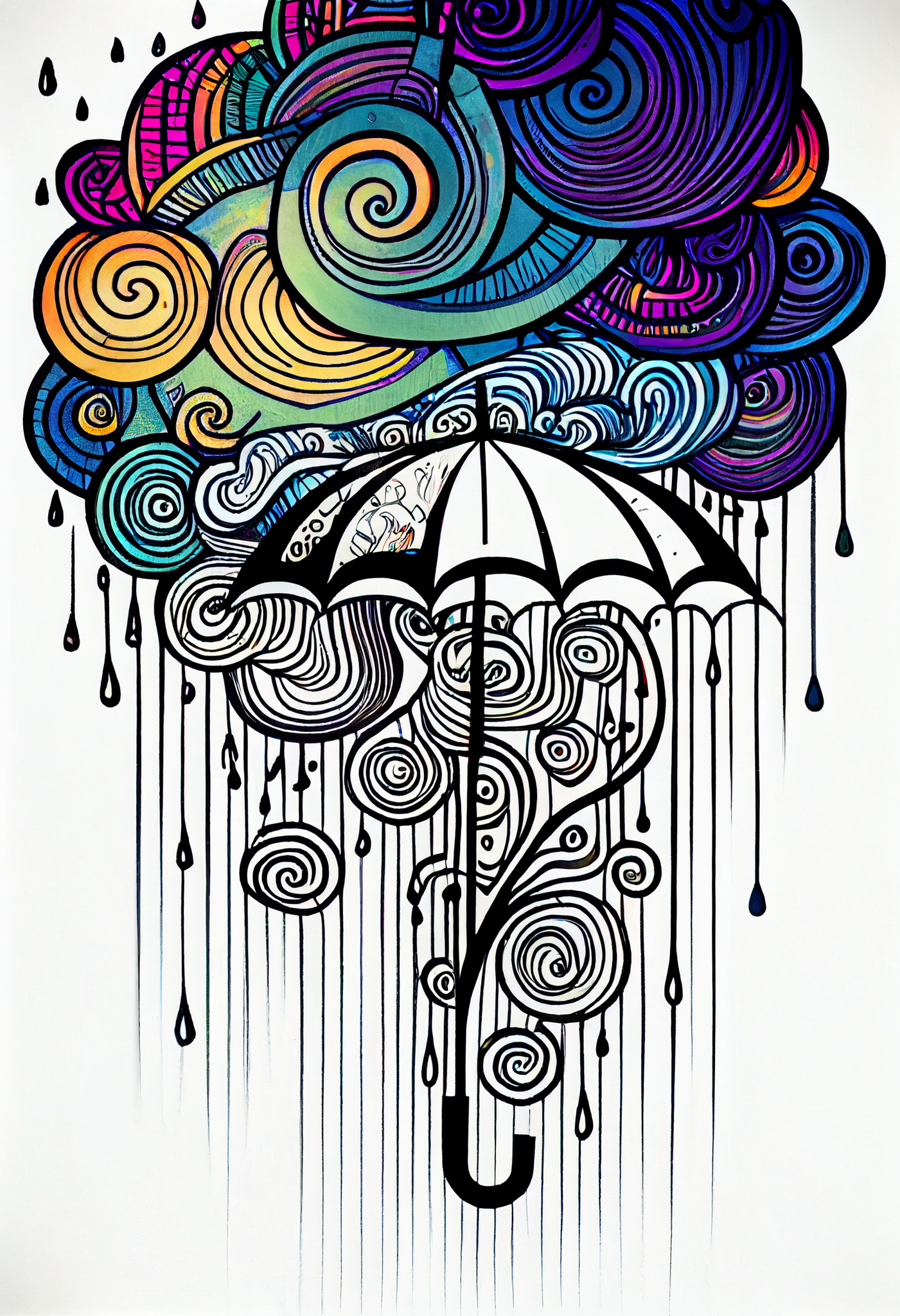 Whimsical Doodle Art Print of an Umbrella with Colorful Clouds