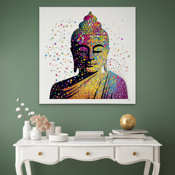 Radiant Buddha: A Colorful Dot Art Print on White Background