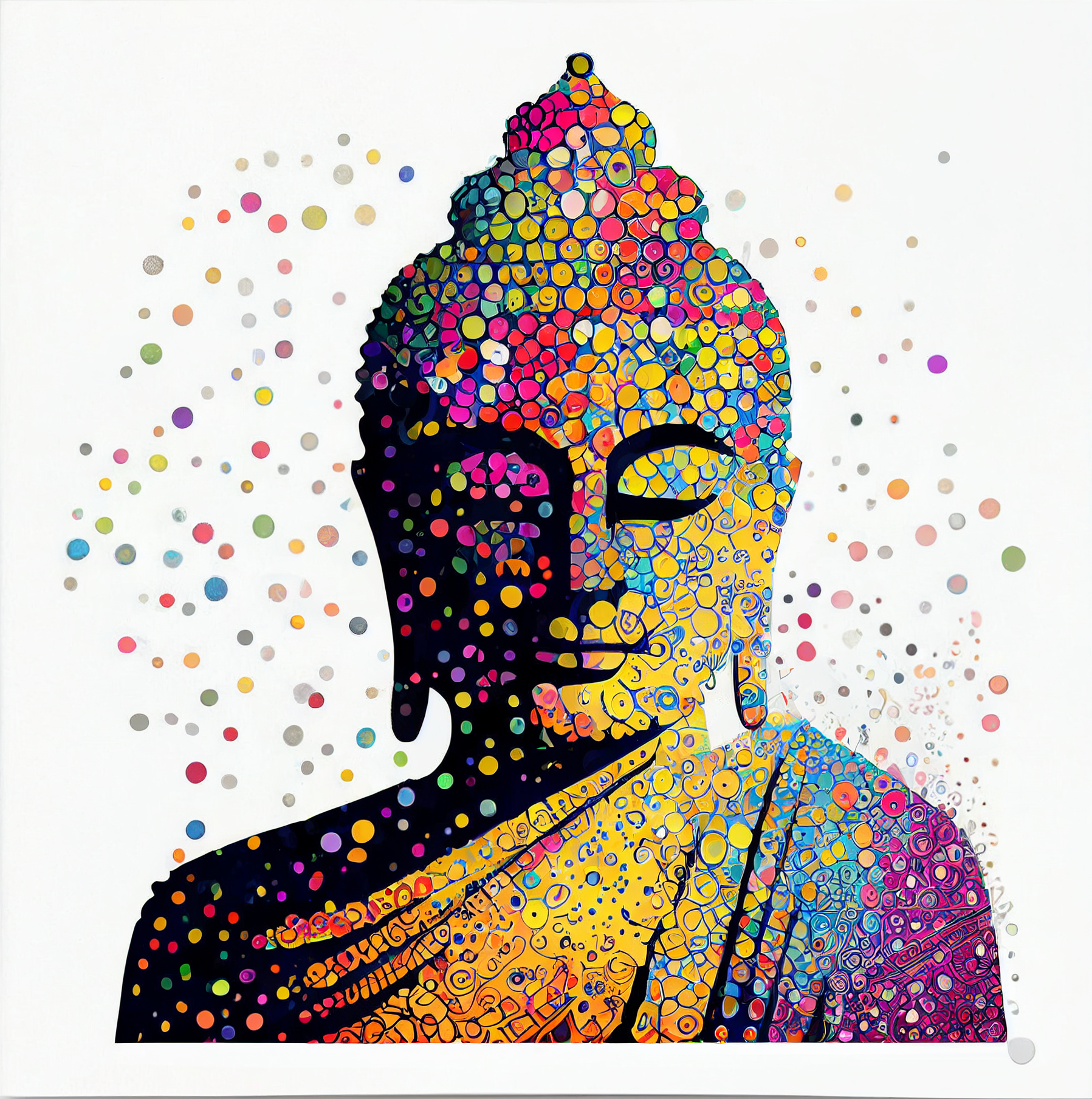 Radiant Buddha: A Colorful Dot Art Print on White Background