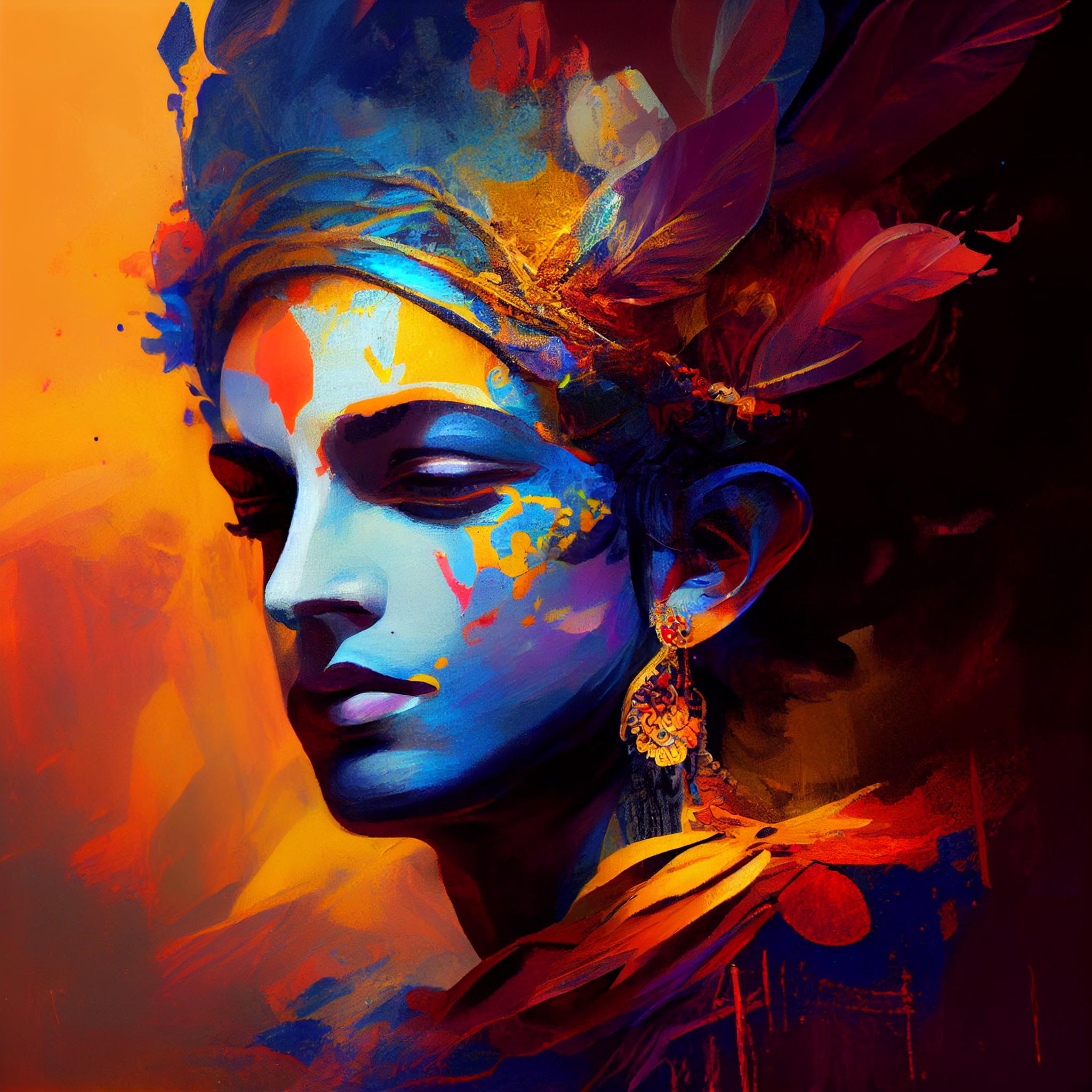 Divine Hues: Oil Painting Print of Lord Krishna in Red, Yellow, and Blue - Perfect for Living Room and Gifting