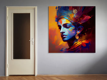 Divine Hues: Oil Painting Print of Lord Krishna in Red, Yellow, and Blue - Perfect for Living Room and Gifting