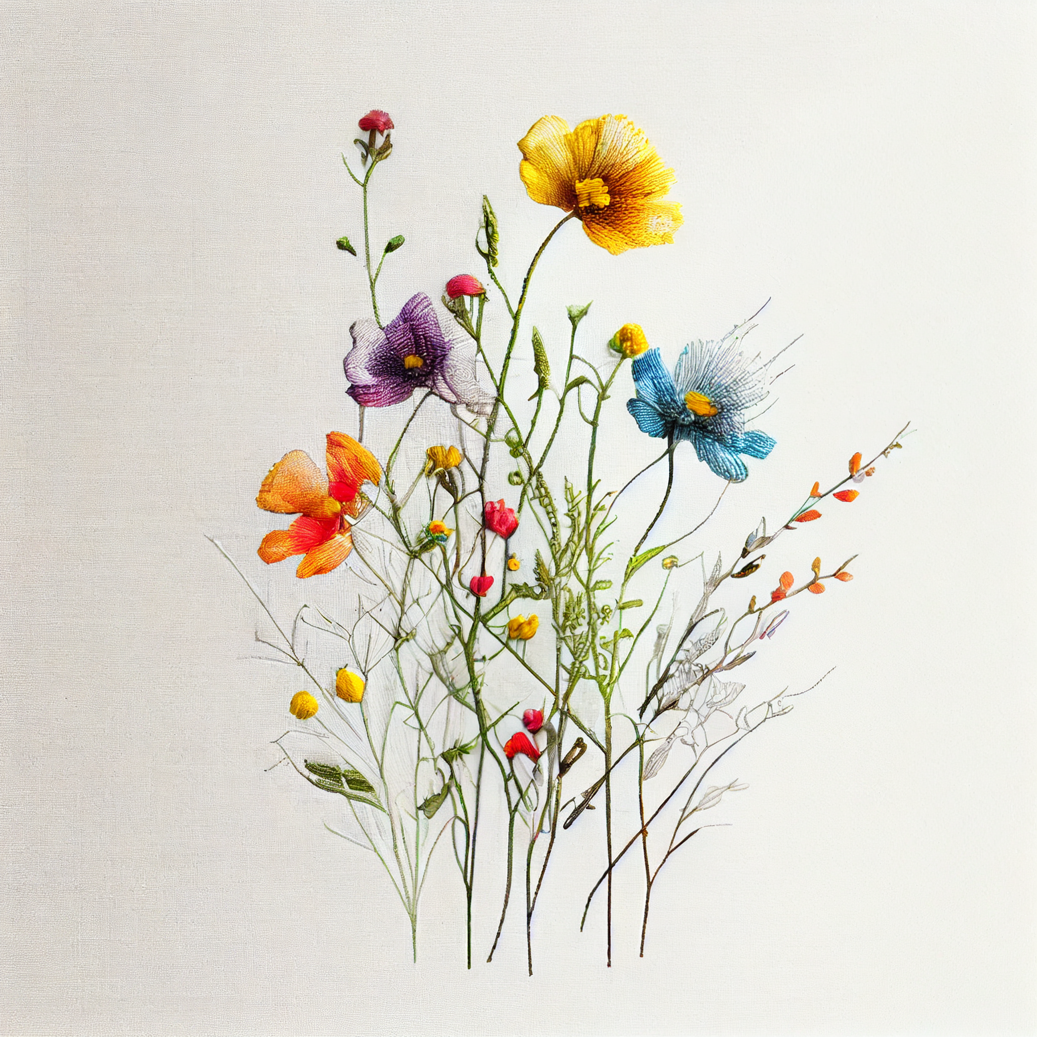 "Wildflower Symphony: Colorful Blooms on a Warm White Background"