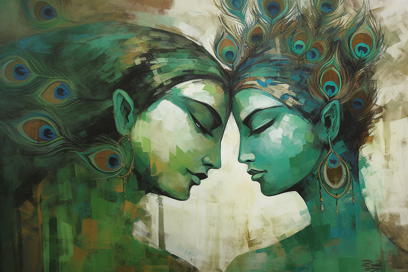 Pastel Serenade: A Contemporary Print of Radha Krishna in Shades of Green and White with a Peacock Feather Adornment