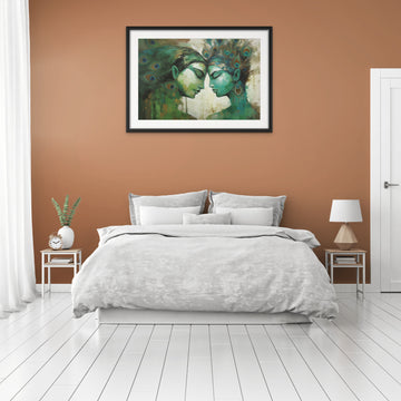 Pastel Serenade: A Contemporary Print of Radha Krishna in Shades of Green and White with a Peacock Feather Adornment