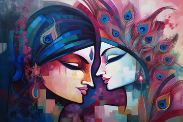 Divine Love in Radiant Hues: A Contemporary Art Acrylic Color Print of Radha Krishna