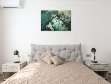 Contemporary Art Acrylic Color Print of Radha Krishna with Peacock Feather Adornment in Shades of Green