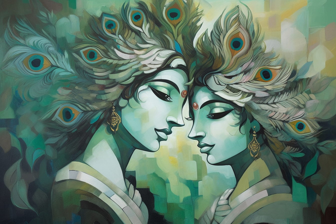 Contemporary Art Acrylic Color Print of Radha Krishna with Peacock Feather Adornment in Shades of Green
