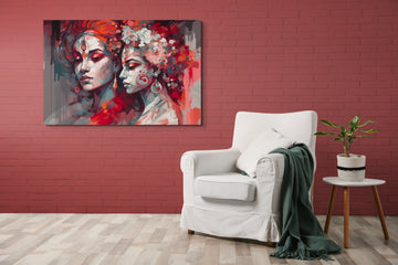 Divine Love in Shades of Red and White: A Contemporary Art Print of Radha Krishna