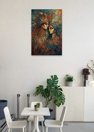 A Contemporary Art Acrylic Paint Print of Radha Krishna in Beautiful Hues