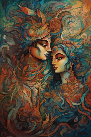 A Contemporary Art Acrylic Paint Print of Radha Krishna in Beautiful Hues
