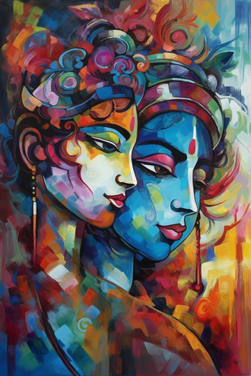Divine Love in Contemporary Hues: A Beautiful Acrylic Color Print of Radha Krishna