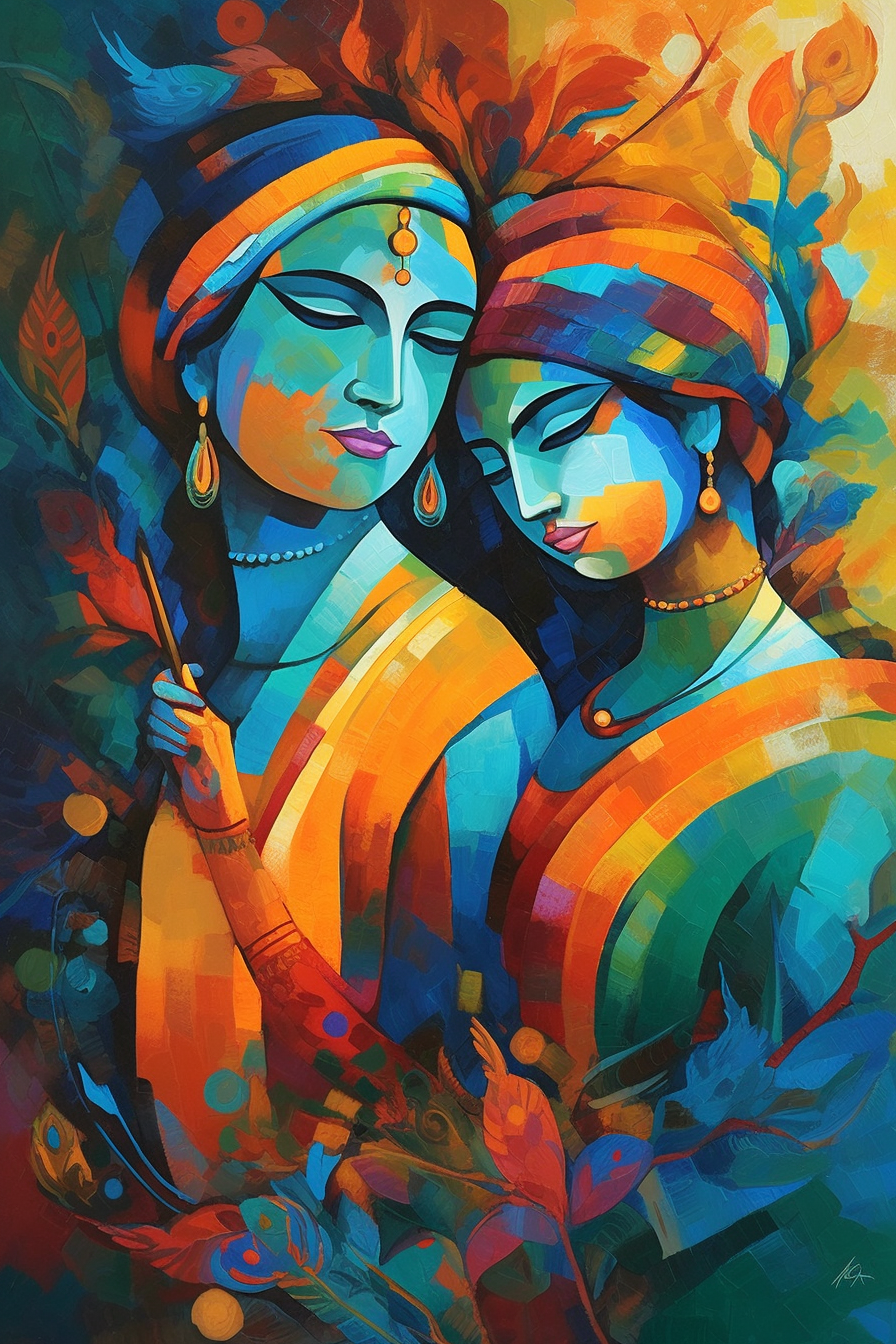 A Vibrant Acrylic Color Print of Radha Krishna in Beautiful Hues