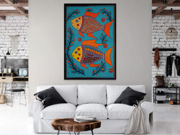 Vibrant Duo: Madhubani Art Print of Two Colorful Fishes