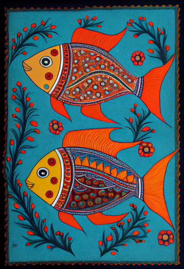 Vibrant Duo: Madhubani Art Print of Two Colorful Fishes