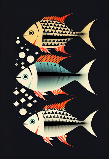 Tranquil Trio: Minimalist Geometric Fish Art Print on Black Background