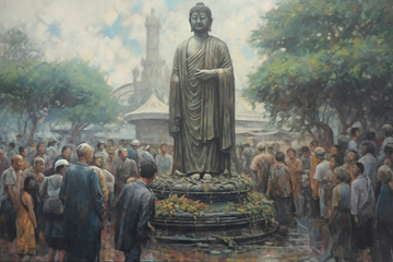 A Painting Print of Lord Buddha Statue with Devotees Gathered in Reverence