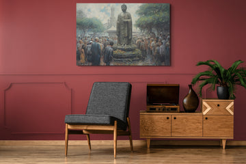 A Painting Print of Lord Buddha Statue with Devotees Gathered in Reverence
