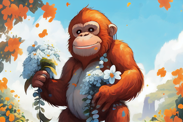 Graceful Jungle: Orangutan Embracing Blooms Art Print