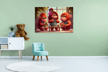 Jungle Trio: A Playful Art Print of Three Orangutans Hanging Out Together