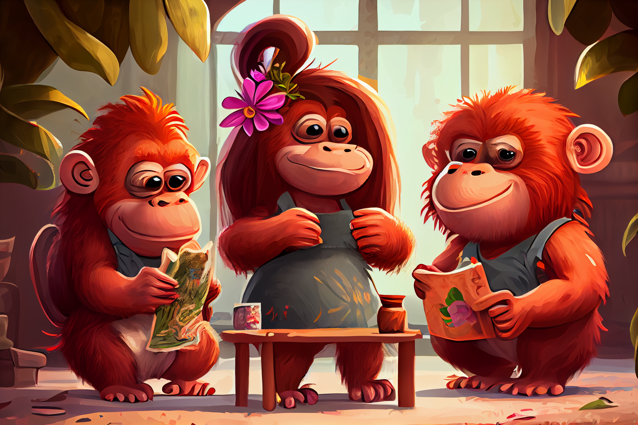 Jungle Trio: A Playful Art Print of Three Orangutans Hanging Out Together
