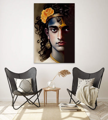 Divine Beauty in Print: Oil Color Portrait Print of Lord Krishna's Face