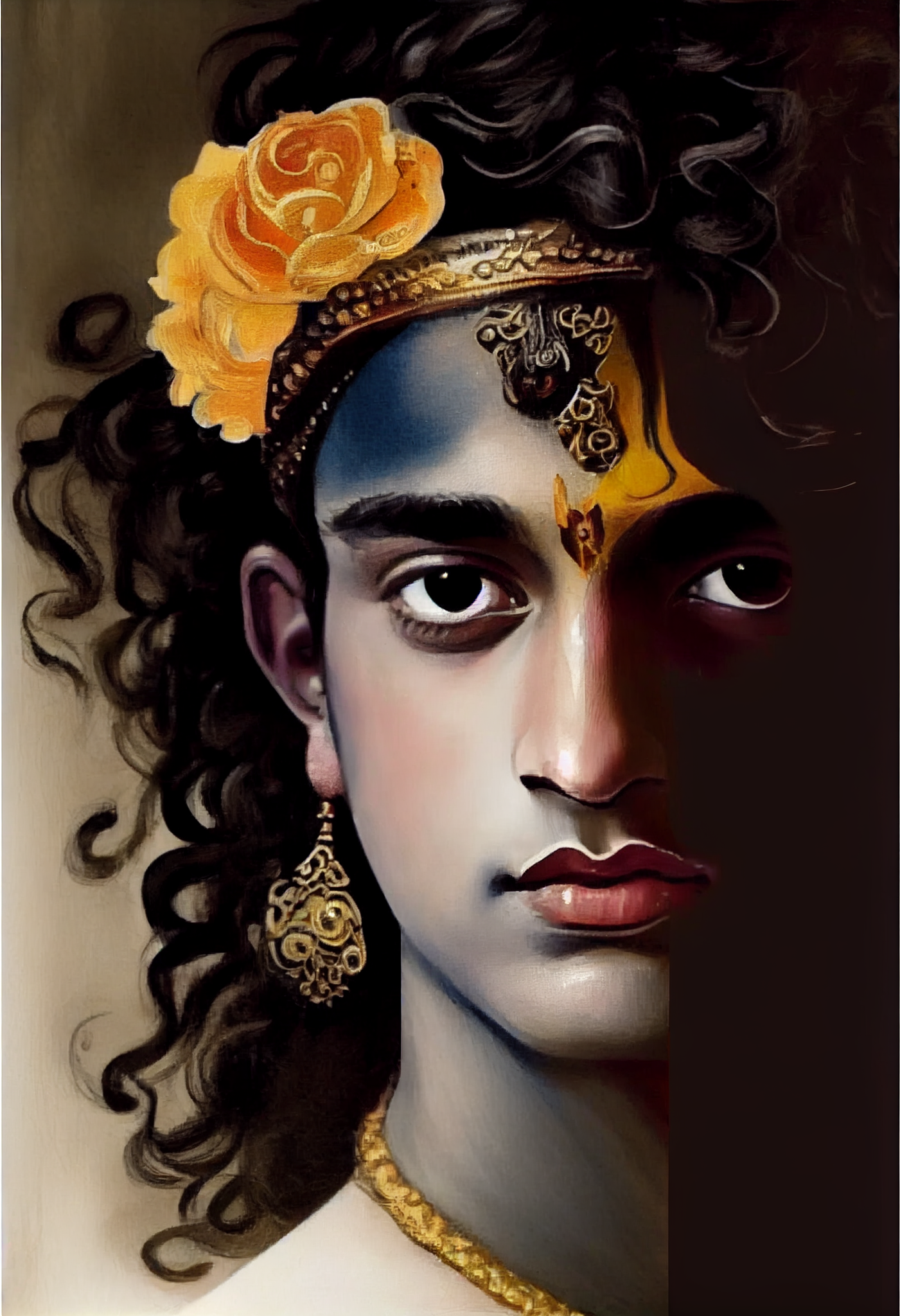 Divine Beauty in Print: Oil Color Portrait Print of Lord Krishna's Face