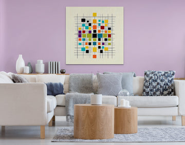 Vibrant Visions: A Geometric Art Print of Colorful Squares Connected by White Lines on a Crisp White Background