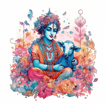 The Divine Love of Lord Krishna and His Beautiful Calf: A Beautiful Ink Painting Print