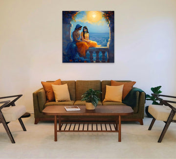 Serene Sunset Rendezvous: Radha Krishna in a Balcony with Floral Surroundings - Oil Painting Print