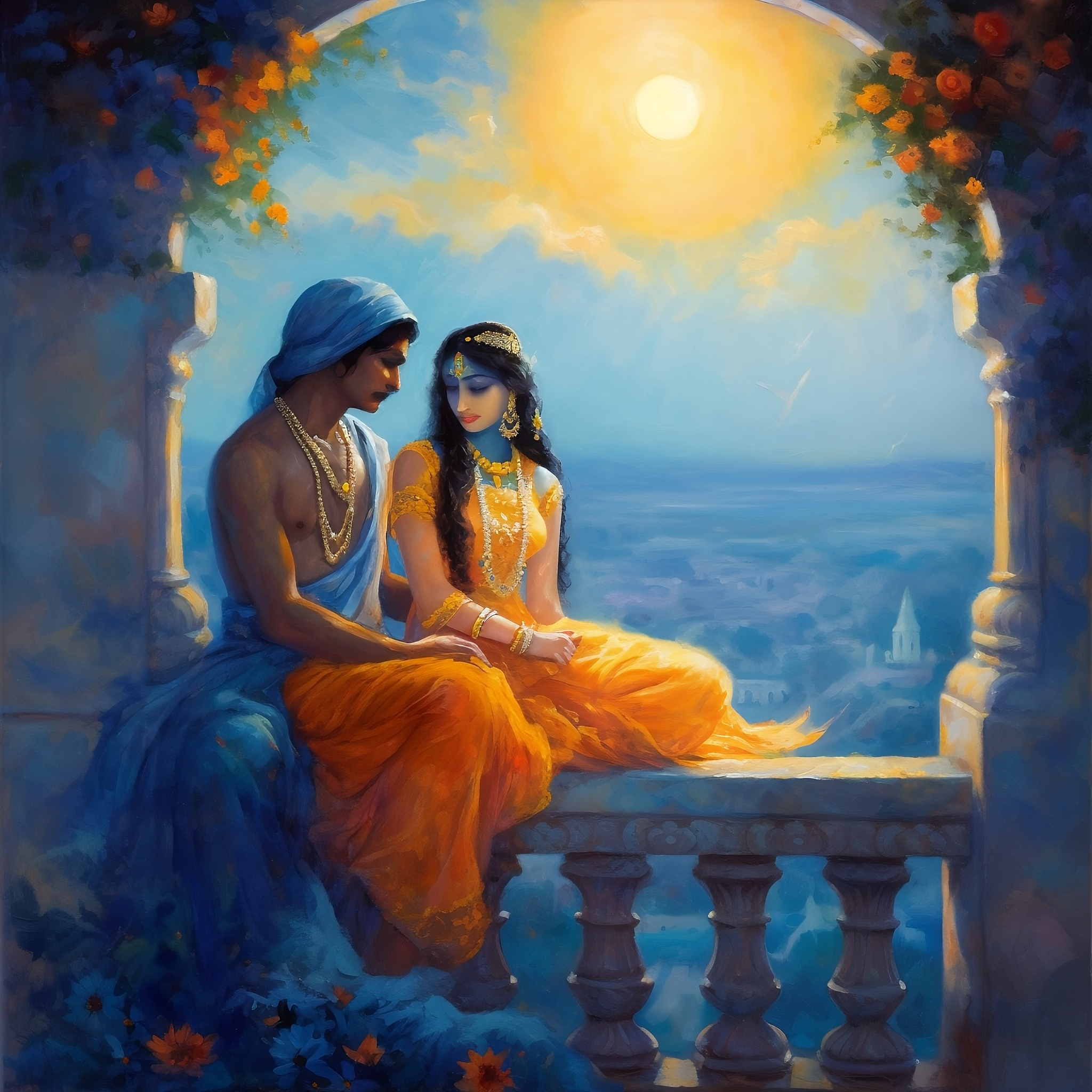Serene Sunset Rendezvous: Radha Krishna in a Balcony with Floral Surroundings - Oil Painting Print