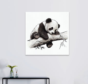 Sweet Serenity: An Anime-Inspired Black Marker Sketch of a Baby Panda Resting on a Tree Branch Against a White Background