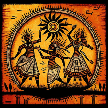 "Joyful Rhythms: Digital Print of Vibrant Warli Art Painting Print Depicting Dancing People"