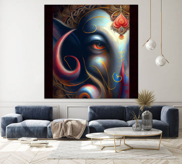 Divine Countenance: An Exquisite Oil Painting Print of Lord Ganesha's Radiant Face