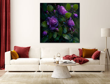 Radiant Beauty: The Dewy Violet Rose amidst a Thorny Bush