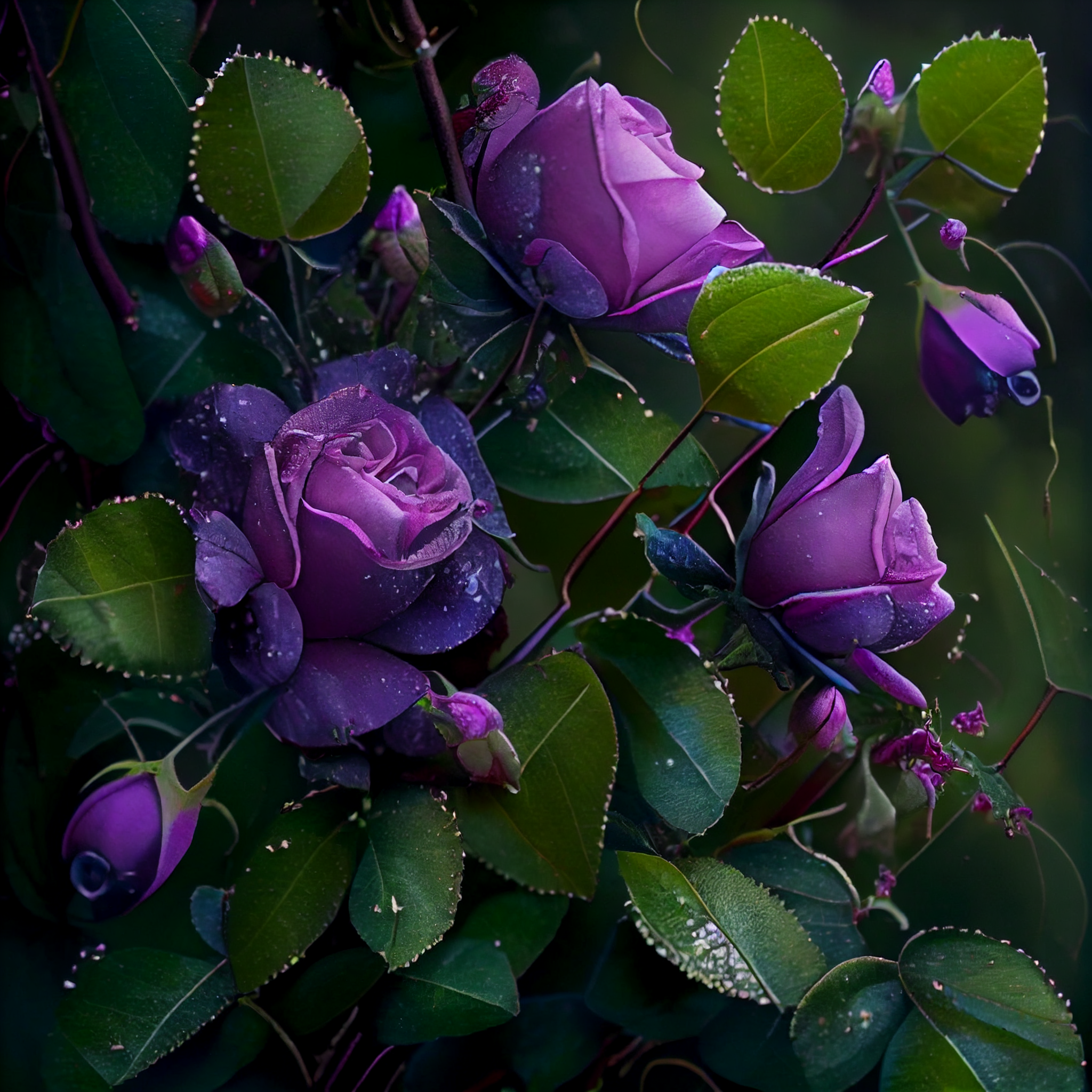 Radiant Beauty: The Dewy Violet Rose amidst a Thorny Bush
