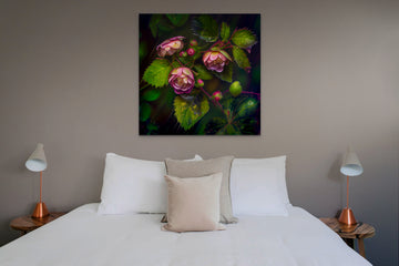 Blushing Beauty: Dewy Pink Roses amidst a Thorny Bush