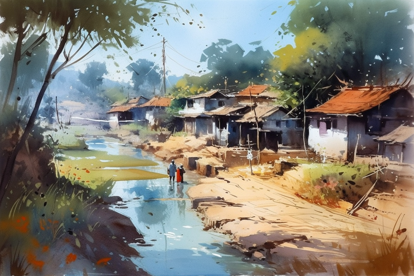 Tranquil Riverside Indian Village Watercolor Art Print