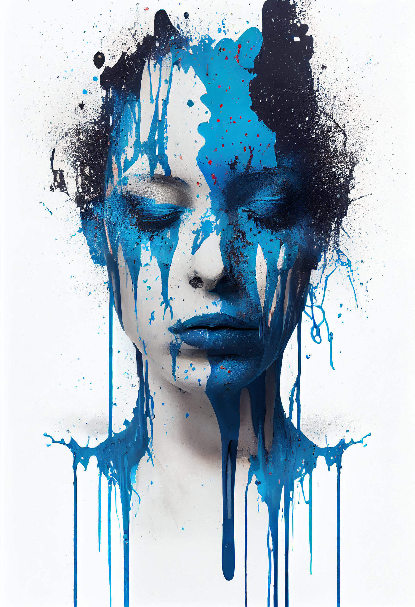 Blue Paint Drip Print: Serene Woman's Face in Stunning Detail