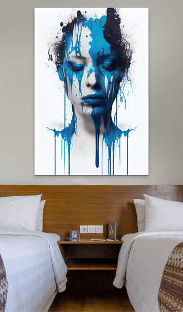 Blue Paint Drip Print: Serene Woman's Face in Stunning Detail
