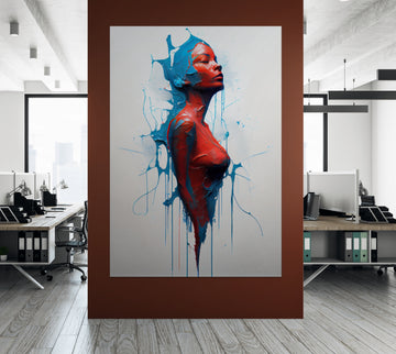 Fluid Beauty: A Blue and Red Drip Paint Art Print of a Woman