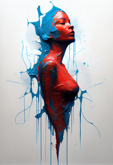 Fluid Beauty: A Blue and Red Drip Paint Art Print of a Woman