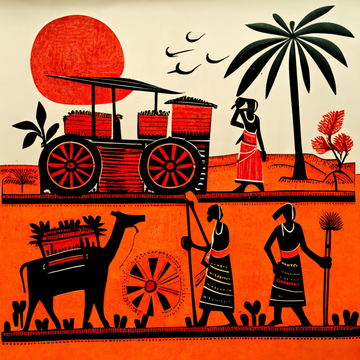"Digital Print of Warli Artwork Depicting Farming People in Earthy Tones"