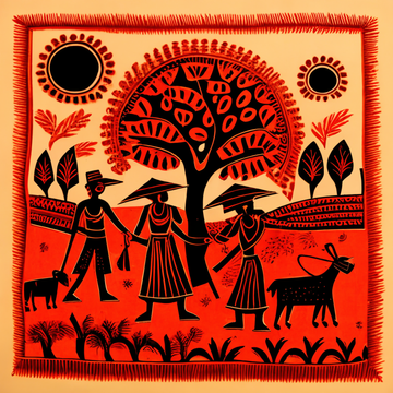 "Timeless Charm: A Traditional Warli Art Painting Print Depicting Farmers in the Fields"