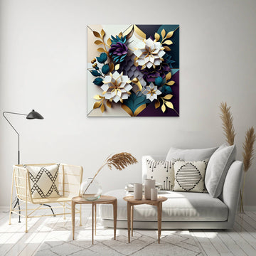 Floral Geometry: Stunning Purple and Gold Flower Wall Art for Living Room and Office Decor