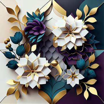 Floral Geometry: Stunning Purple and Gold Flower Wall Art for Living Room and Office Decor