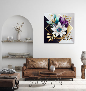 Geometric Blooms: Elevate Your Space with Gold, Teal Blue, and Purple Flower Wall Art