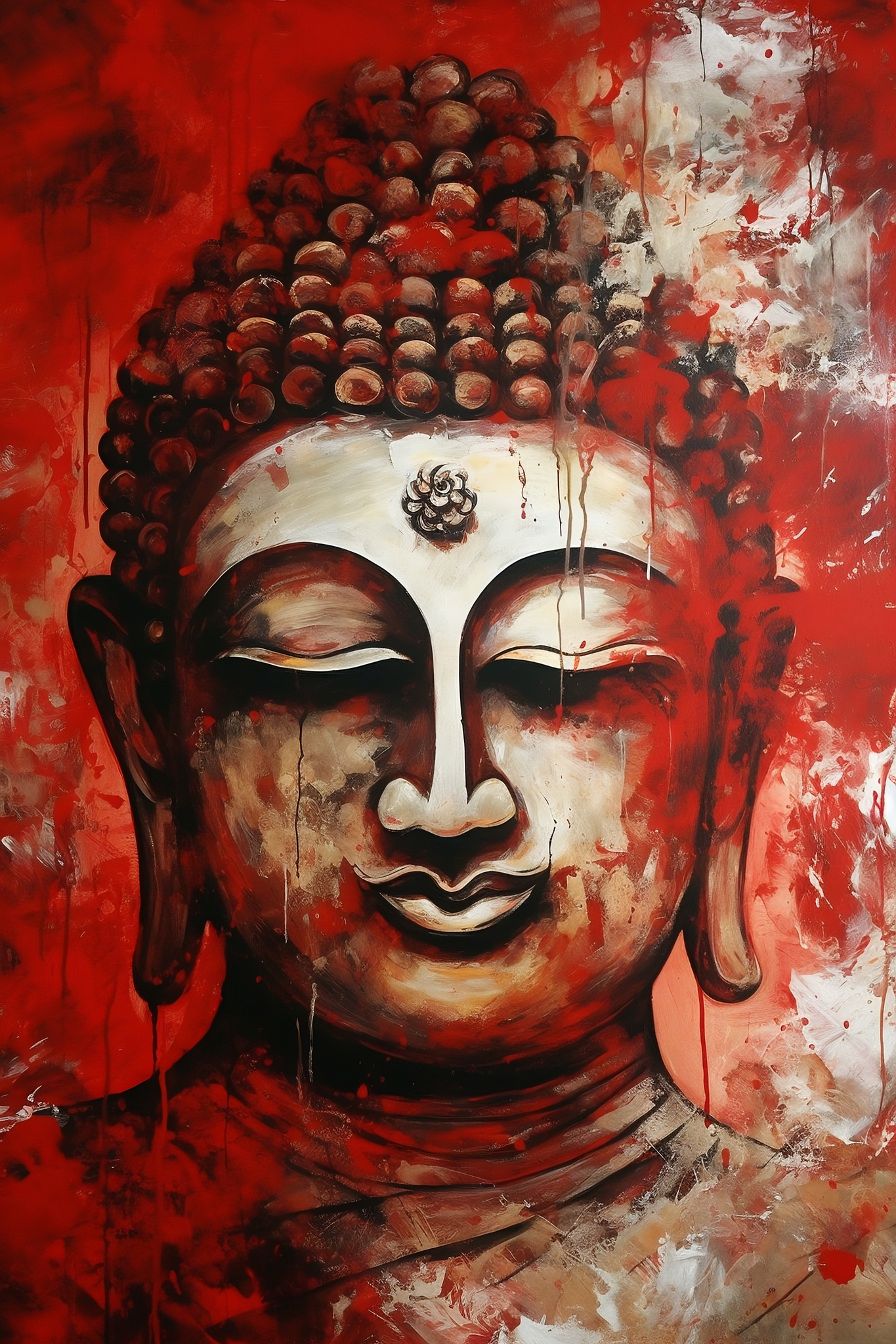 Enlightened Flow: A Red and White Fluid Painting Print of Lord Buddha