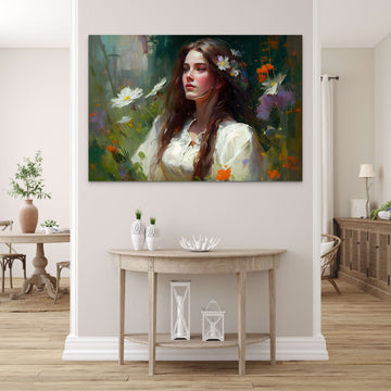 Ethereal Beauty: Lady in White Gown Adorned with Wildflowers - Oil Painting Print
